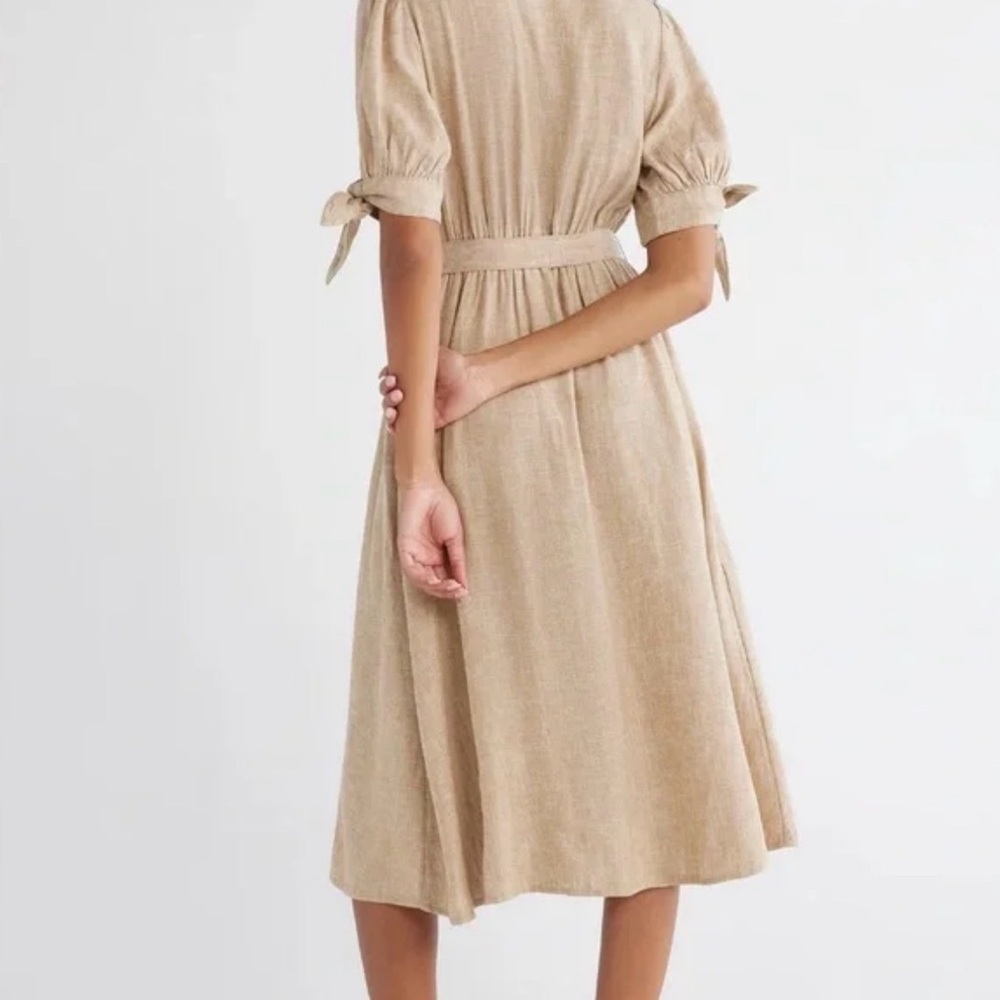 Linen Blend Button Safari Shift Front Midi Dress Tie Waist Beige M Time and Tru - Picture 2 of 10